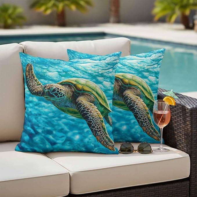 Swimming Sea Turtle Outdoor Waterproof Throw Pillow Covers Set of 2, 18"x18", Sea Water Retro Decorative Pillow Covers Outside Cushion Case for Patio Porch Garden