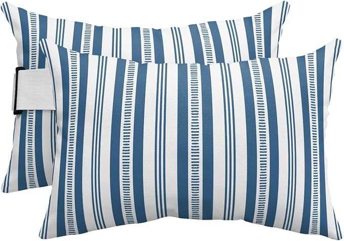 Outdoor Lumbar Pillows 12x20 Set of 2, Blue Boho Striped Waterproof Throw Pillow Covers with Insert, Modern Thin Line Stripes Geometric Decorative Support Pillows for Lounge, Chaise