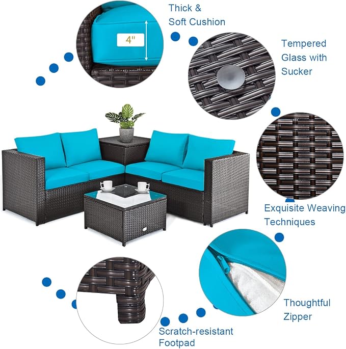 COSTWAY 5 Piece Patio Furniture Set with 42'' Fire Pit Table, Outdoor Wicker Rattan Loveseat Sofa with 4'' Thickened Cushions, 2 Side Tables, Sectional Conversation Set for Backyard (Turquoise)