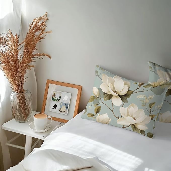 Vintage Floral Outdoor Pillow Covers 20"x12" Set of 2, Magnolia Flowers Branches Rustic Botanical Teal Waterproof Throw Pillow Covers for Patio Furniture, Decorative Cushion Covers for Porch