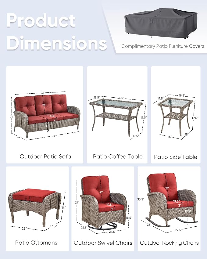 10-Piece Patio Furniture Set-Patio Rocking Chairs Set of 4 Outdoor Rattan Sofa Sets with Coffee Table Outdoor Patio Furniture Sets for Deck Porch Garden Balcony Poolside-Grey/Red