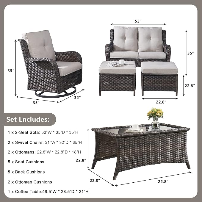 Rilyson 6 Piece Outdoor Patio Furniture Set - Rattan Wicker Patio Conversation Sets with 2 Swivel Rocker Chairs,2 Ottomans,1 Loveseat and 1 Coffee Table for Outside Porch Deck Backyard(Brown/Beige)