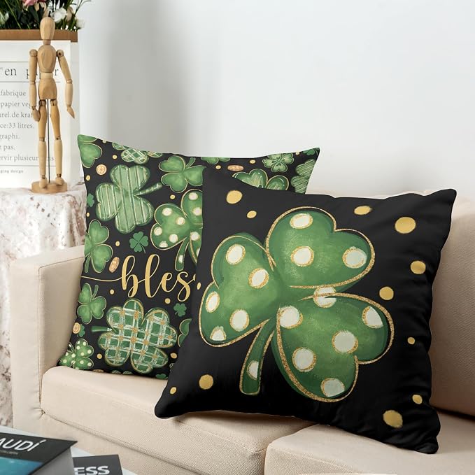 St Patricks Day Pillow Covers Lucky Blessed Pillow Cases Stripes Polka Dots Shamrock Throw Pillow Covers18x18 Set of 2 Green Black March Holiday Cushion Case for Sofa Couch Home Decor