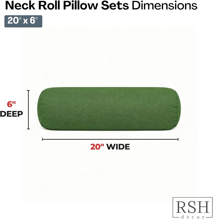RSH DECOR: Outdura Neck Roll Pillows Set of 2 | 20” x 6” | Outdoor Bolster for Patio, Deck, Porch, or Poolside Furniture | Water & Fade-Resistant | Made in USA (Clover Green)