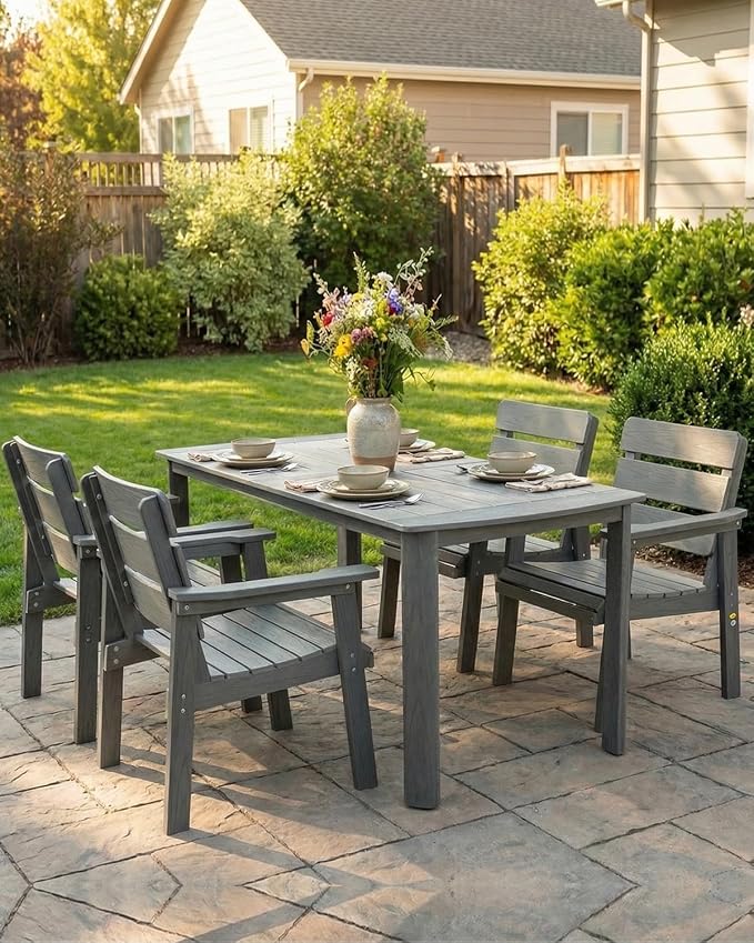 5-Piece Outdoor Dining Set, All-Weather HIPS Patio Table & Chairs for 4, Outdoor Furniture with Umbrella Hole, Ideal for Garden, Poolside, Backyard, Deck, Dark Gray