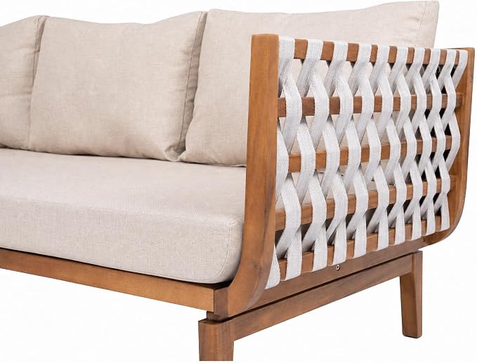 Christopher Knight Home Gwen 3 Piece Acacia Wood Patio Conversation Set with Sofa, Coffee Table and Ottoman, 3-Seater Sofa with Water-Repellent Cushion, Outdoor Patio Furniture Set, Teak+Beige