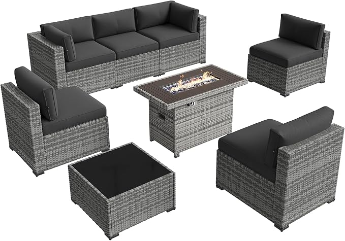 Aoxun Patio Furniture Sets, 8-Piece Outdoor Patio Furniture with 44'' Propane Gas Firepit Table, Wicker Outdoor Conversation Set Sectional Sofa for Backyard, Poolside, Garden