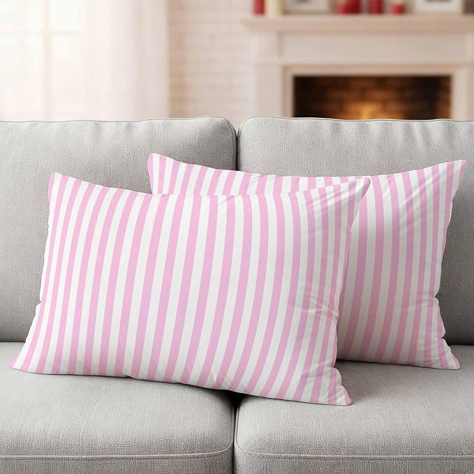 Lumbar Pillow Covers 20x12 Inch Set of 2, Pink White Stripe Waterproof Outdoor Cushion Covers, Modern Minimalist Geometric Striped Decorative Pillowcases for Couch, Sofa, Bed, Garden, Patio