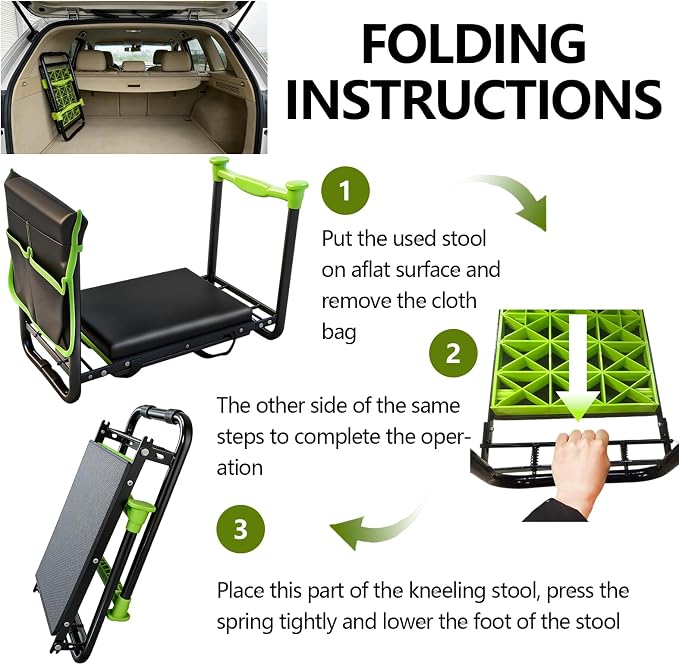 Garden Kneeler and Seat, Heavy Duty Gardening Stool with 1.8" Thick Detachable Kneeling Pad, Foldable Bench Chair with Tool Pouch and Bag for Knee & Back Pain Relief for Women, Men, Seniors (Green)