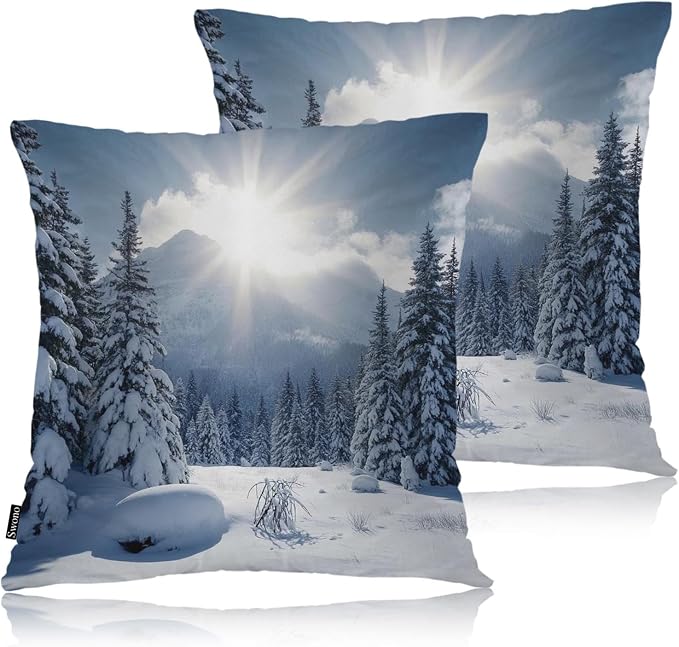 Swono Winter Landscape Throw Pillow Cases, Nature Snowy Mountain Fir Trees Sunshine Set of 2 Decorative Throw Pillow Cover, Square Pillow Cushion Case Home Decor for Sofa Couch Bed Car 18x18 Inches