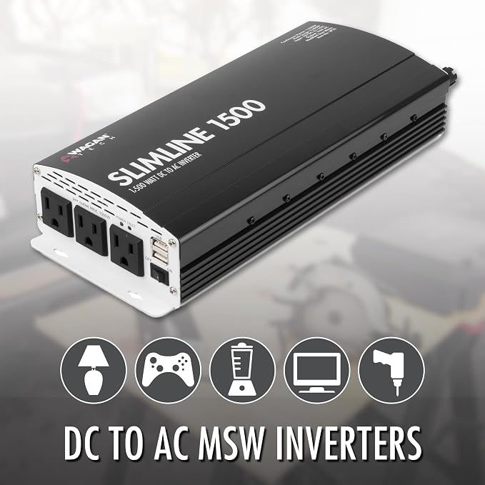 Wagan EL3720 1000W Slimline Plus AC to DC Power Inverter 1000 Watt TrueRated Continuous 2500 Watt Surge Power DC 12V to AC 110V Modified Sine Wave 3 AC Outlets and 2A USB Charging Port