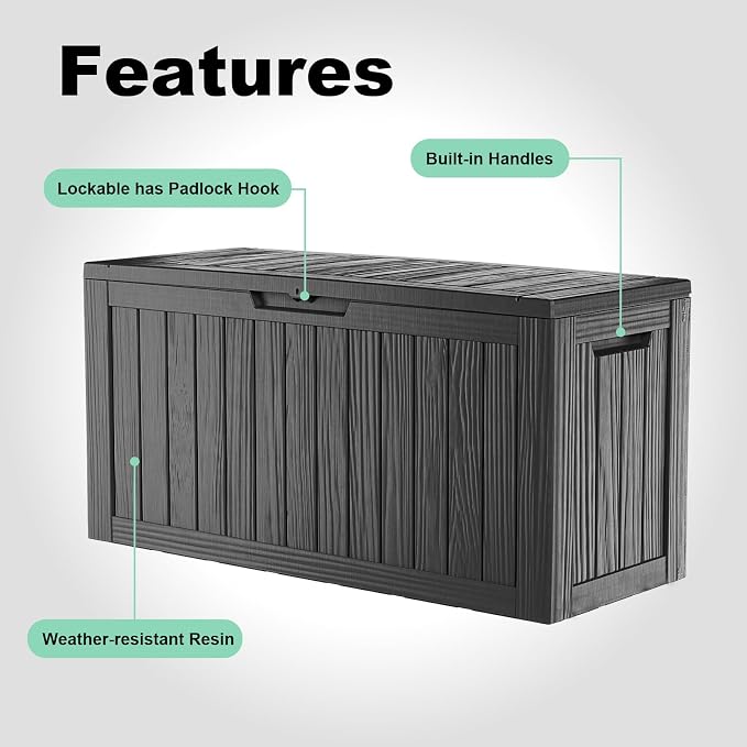 85 Gallon Waterproof Outdoor Storage Box,Deck Boxs for Outdoor and Indoor Use,Deck Storage Box for Picnic Supplies,Gardening Tools,Lockable and Easy to Install(Black)