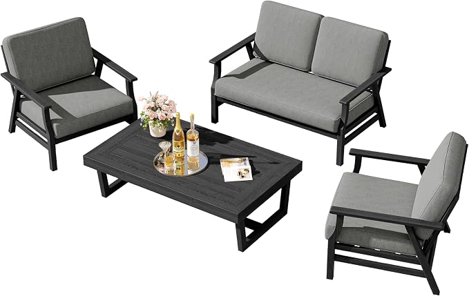 4 Pieces Patio Furniture Sets, Black Wood Outdoor Sectional Furniture with Coffee Table, 4 Seats Patio Sofa Couch Conversation Set for Backyard Deck - Gray