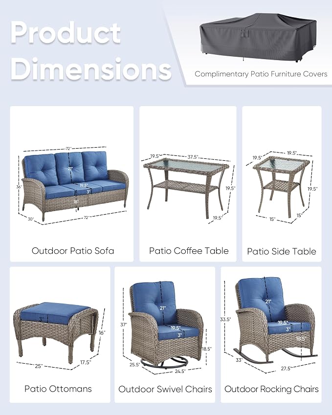 10-Piece Patio Furniture Set-Patio Rocking Chairs Set of 4 Outdoor Rattan Sofa Sets with Coffee Table Outdoor Patio Furniture Sets for Deck Porch Garden Balcony Poolside-Grey/Blue