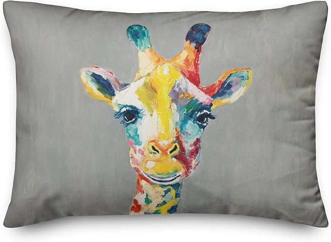 Colorful Giraffe on Gray Indoor/Outdoor Pillow | Decorative Pillows for Living Room Couch Bed Sofa Patio, Fluffy Soft Cushion | Water Resistant Multi, 14x20