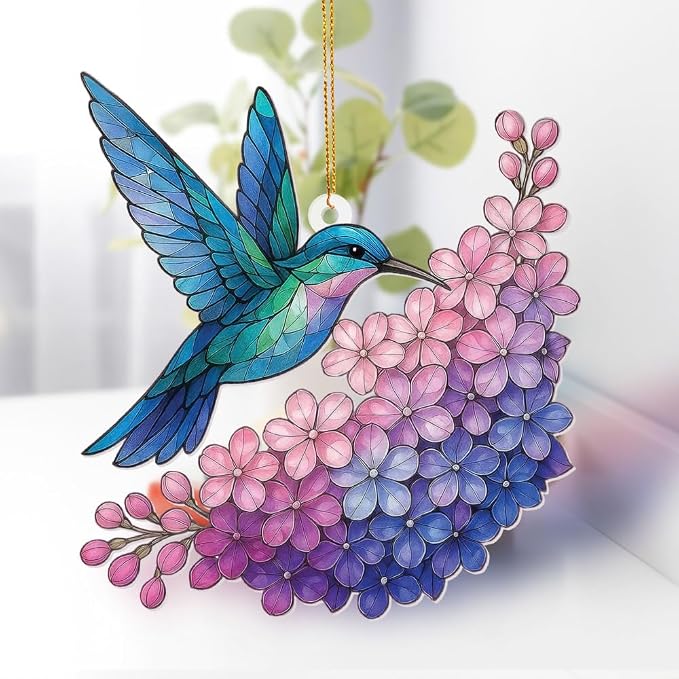 Hummingbird Stained Glass Ornament, Acrylic Window Hanging Suncatcher Decor, Bird Ornament for Car Rearview Mirror, Christmas Tree Decoration, Bookish Gifts for Bird Lovers, Home&Garden Decor(Sun-12)