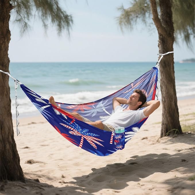 Patriotic USA Flag Palm Tree Hammocks with Tree Straps Rope Hammock for Indoor Outdoor Patio