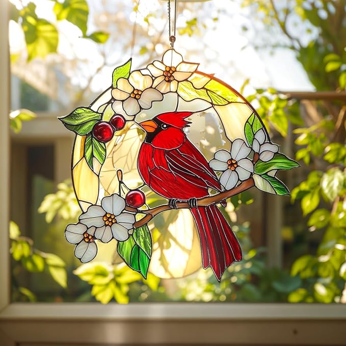 Cardinal Red Bird Suncatcher Memorial Suncatchers for Window Hanging Ornament Sympathy Stained Glass Effect Art Garden Decor for Cardinal Lover Gifts for Mother's Day, Mom, Grandma, Wife, Women, Nana