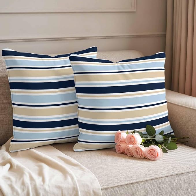 Navy Blue Khaki Striped Outdoor Pillow Cover 18x18 Inch Cushion Sham Case, Farmhouse Stripes Modern Abstract Art Waterproof Decorative Square Throw Pillowcase for Outside Garden Patio Porch Couch