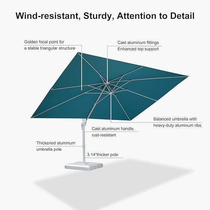 PURPLE LEAF 9' × 11.5' Patio Umbrella With Base White Cantilever Umbrella Square Outdoor Offset Windproof with 360° Rotation for Garden Deck Pool, Turquoise