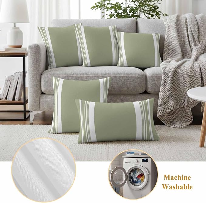 Farmhouse Sage Green Outdoor Waterproof Throw Pillow Covers 20x20 Set of 2, Aesthetic Modern Line Striped Decorative Pillowcases Cushion Pillowcase for Couch Sofa Patio Outside Pillow Protector