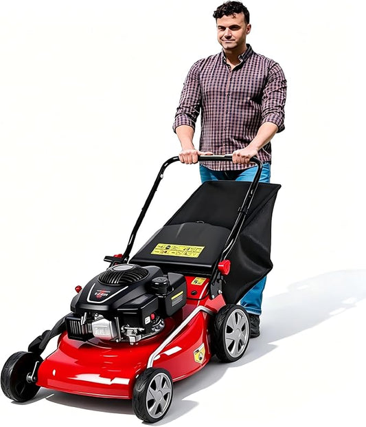 Lawn Mower Gas Powered Self Propelled with 50L Grass Bag Big Wheels 131cc Gas Engine 3 in 1 Mulch Bag Side Discharge Rear Wheel Drive for Hills Uneven Red