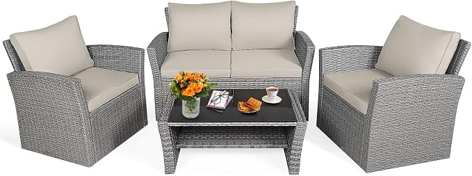 Tangkula 4 Pieces Patio Furniture Set, All Weather Outdoor Sectional Rattan Sofa Set with Cushions & Tempered Glass Table, Wicker Conversation Couch Set for Backyard Garden Poolside