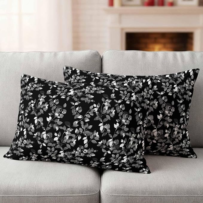 Black Botanical Outdoor Pillow Covers 20x12 Inch Lumbar Pillow Covers Set of 2 Waterproof Decorative Throw Pillow Cases Pastoral Spring Floral Classic Black Cushion Covers for Patio Furniture Garden