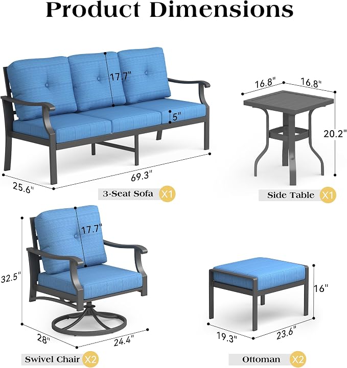 6 Piece Aluminum Patio Conversation Set, Outdoor Metal Furniture Set w/Rocking Swivel Chairs, 3-Seat Sofa, Ottomans and Coffee Table, 5" Thickened Cushions for Backyard, Poolside, Blue