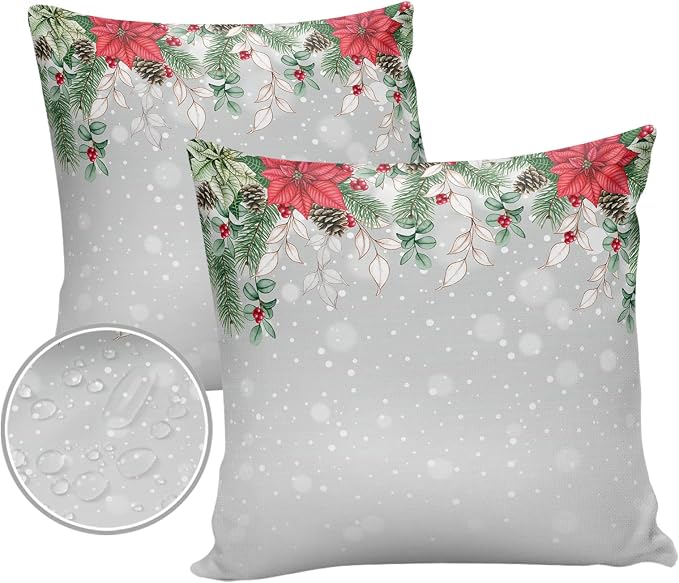 Outdoor Throw Pillow Covers, Christmas Poinsettia Flower Pine Cones Eucalyptus Leaf Winter Snowflake Gray Waterproof Pillowcases Cushion Covers Cases for Patio Couch Bench, Pack of 2 Square, 20"X20"