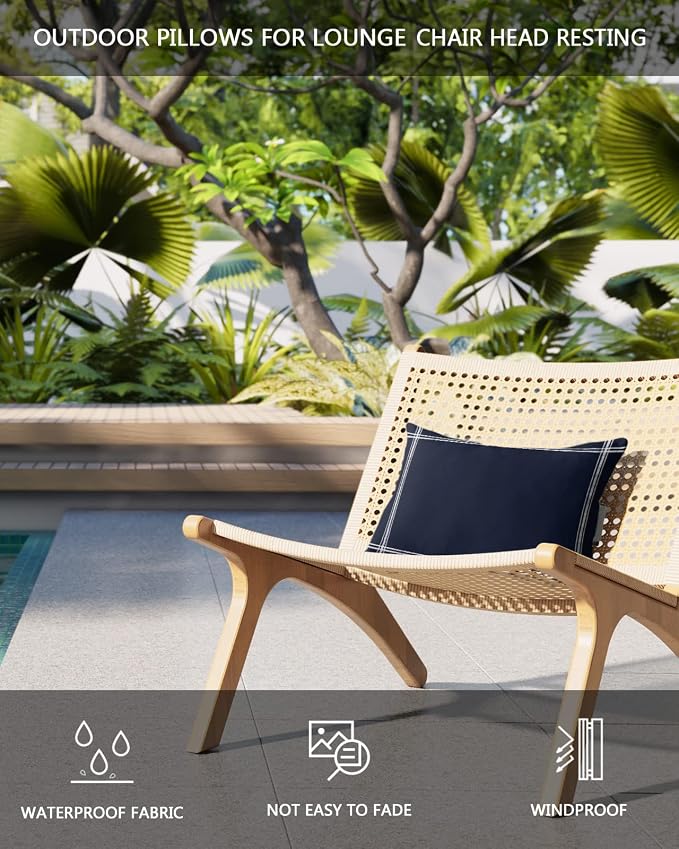 T&H XHome Outdoor Pillow for Chaise Lounge Chair, Solid Color Dark Blue Waterproof Headrest Pillow Lumbar Pillows with Insert & Adjustable Elastic Strap for Beach, Poolside, Patio, Office (2 Pack)