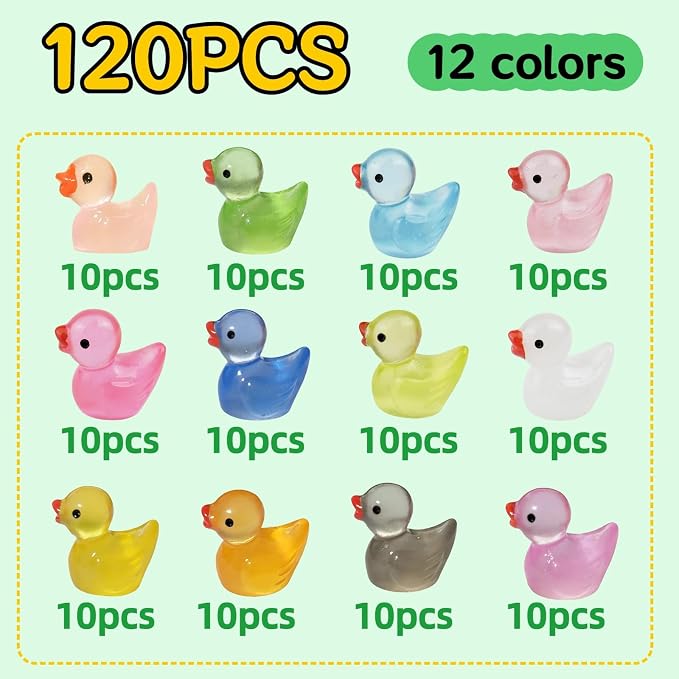 120PCS Mini Luminous Resin Ducks 12 Colors | Tiny Colorful Resin Ducks, Miniature Little Plastic Animal Figures for Micro Landscape Fish Tank Garden Dollhouse DIY Decor
