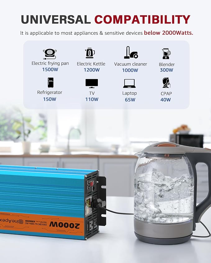 2000 Watt Inverter Pure Sine Wave DC 24V to AC 120V Power Inverters, Car Inverter Solar Power Inverters for Vehicles Home with LCD Display and 2.4A USB Charging Ports,with 3 AC Charger Outlets