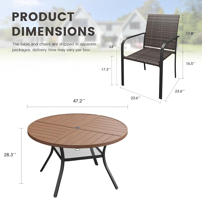 Outdoor Dining Set for 6, 47.3" Metal Round Outdoor Dining Table with Umbrella Hole and Wicker Stackable Patio Chairs, 7 Pieces Patio Table and Chairs Set for Garden Backyard, Walnut
