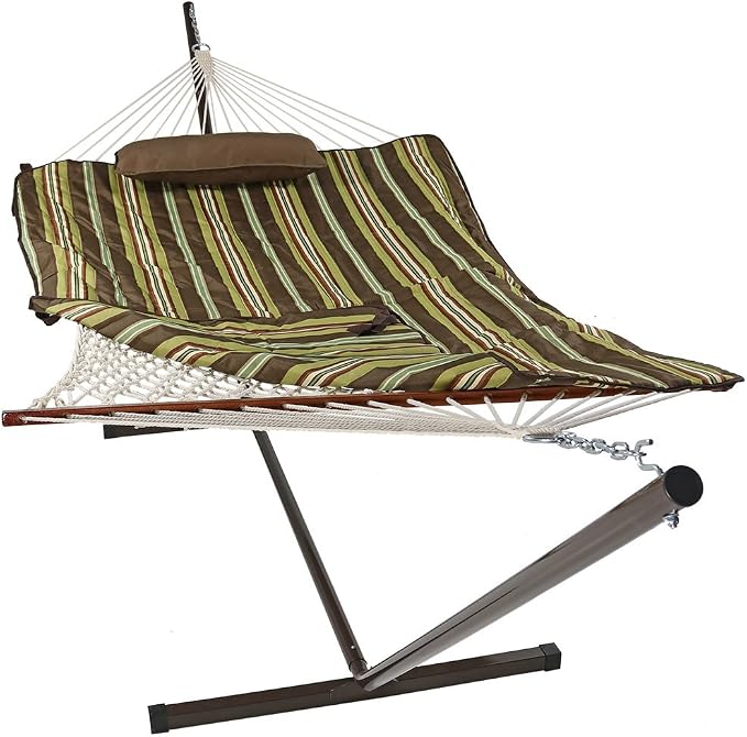 Sunnydaze Rope Double Hammock with Stand for Outside - Heavy Duty Freestanding Portable Outdoor Hammock Set with Quilted Pad, Pillow, and 12-Foot Steel Frame - 450 lb Capacity - Desert Stripe