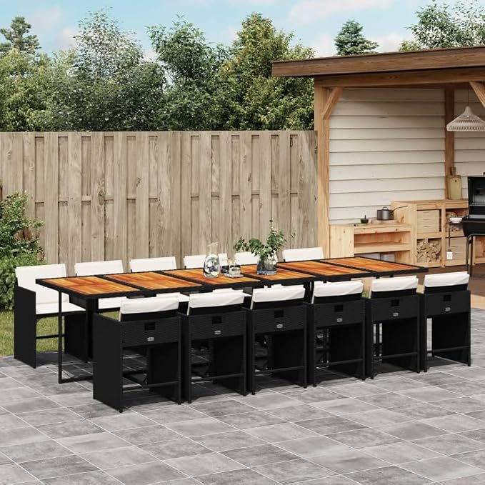 13-Piece Patio Dining Set, 12-Seater Outdoor Rattan Table and Chairs with Thick Cushions, Space-Saving Cube Garden Furniture, Weather-Resistant PE Wicker Set