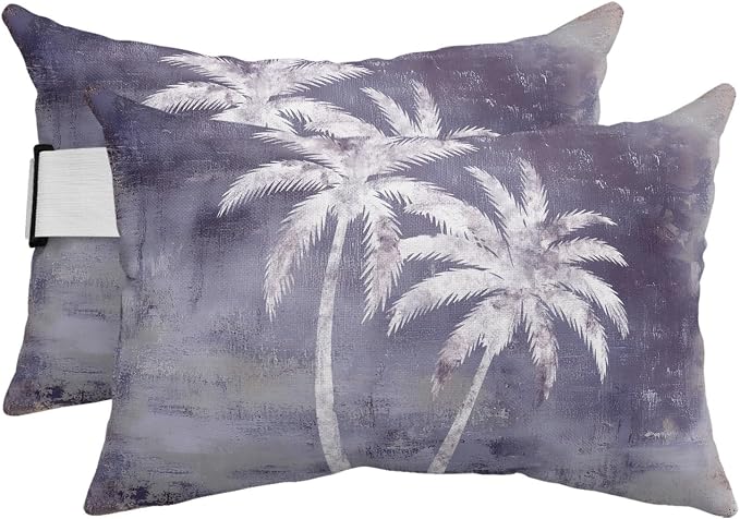 Palm Trees Tropical Outdoor Pillows for Chaise Lounge Chair Beach Headrest Pillow Set of 2 Waterproof Lumbar Pillows with Insert&Strap Shabby Purple Summer Coastal Recliner Pool Pillow 12"x20"