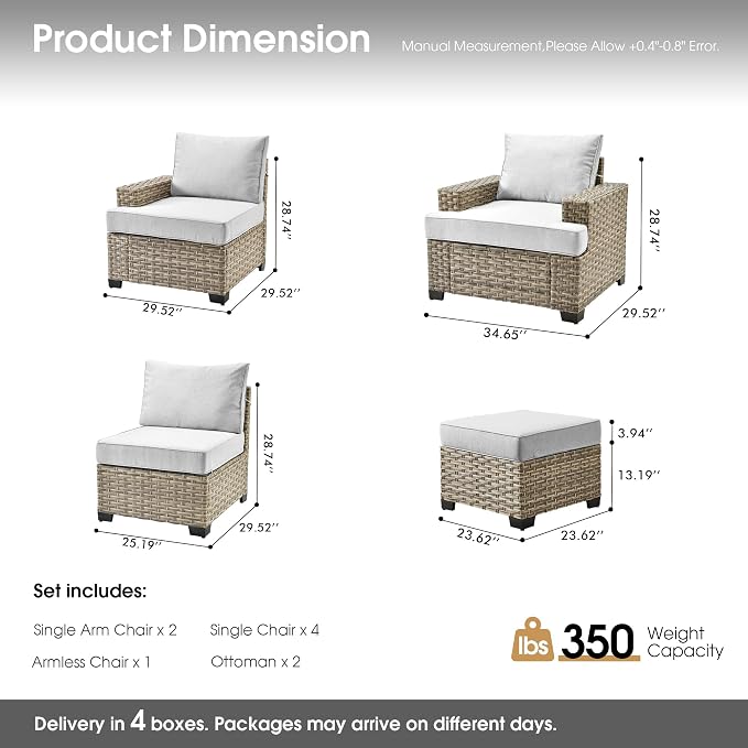 Outdoor Sectional Patio Furniture Set,9 Pieces All Weather Rattan Wicker Conversation Sets,Out Door Furniture with Ottoman Single Chair,Light Grey
