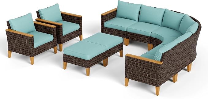 PHI VILLA 9-Piece Wicker Patio Furniture Set, Outdoor Half-Moon Curved Sectional Sofa with Thick Aqua Blue Cushions, 2 Ottomans, 2 Single Seats, Large Conversation Seating for Garden or Backyard