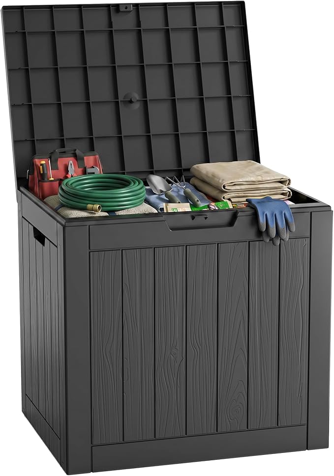 PatioZen 36 Gallon Deck Box,Waterproof Resin Outdoor Storage Boxes, Outside Storage Lockable Container for Garden Tools,Indooor Cushions,Accessories (Black)