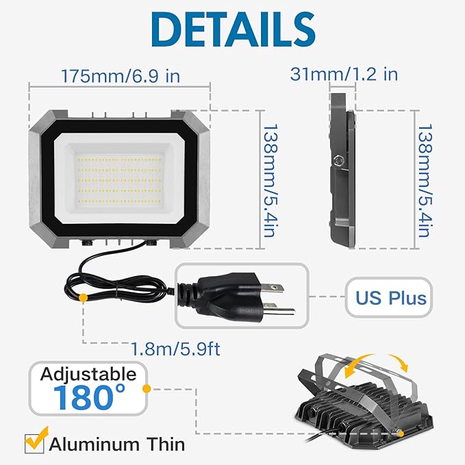 Leddictive 1 Pack LED Flood Lights Outdoor, 50W 5000LM Super Bright Floodlight Outside Work Light with 5.9FT Plug, IP65 Waterproof 6000K Outdoor LED Flood Light for Garage, Yard, Lawn, Garden