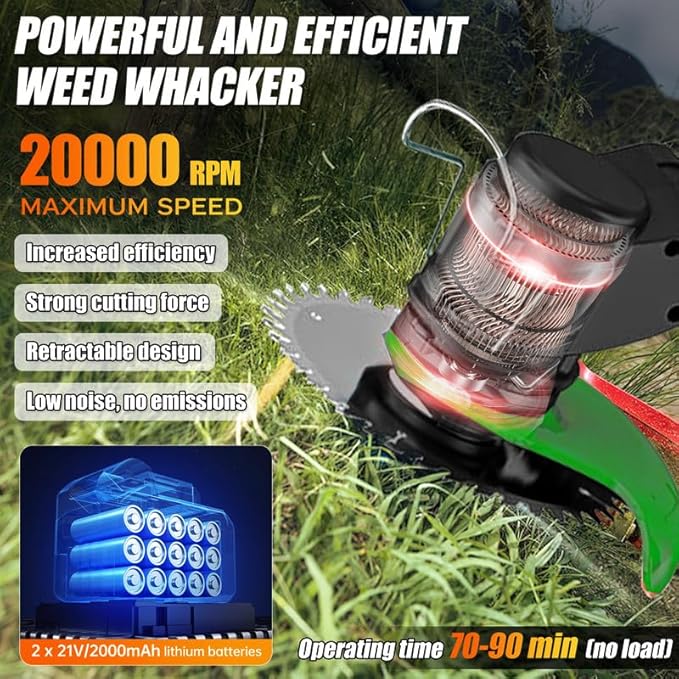 Weed Wacker Eater Battery Powered, 21V Electric Weed Trimmer Battery Operated, Cordless Grass Trimmer/Lawn Edger/Mower/Brush Cutter with 2 Li-Ion Battery