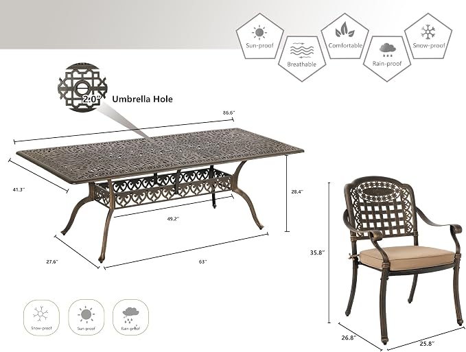 Grepatio 9 Piece Cast Aluminum Outdoor Dining Set, Patio Furniture Set with 2“ Umbrella Hole and 8 Chairs with Cushions, Patio Dining Furniture Set for Porch Poolside Garden (Khaki Grid)