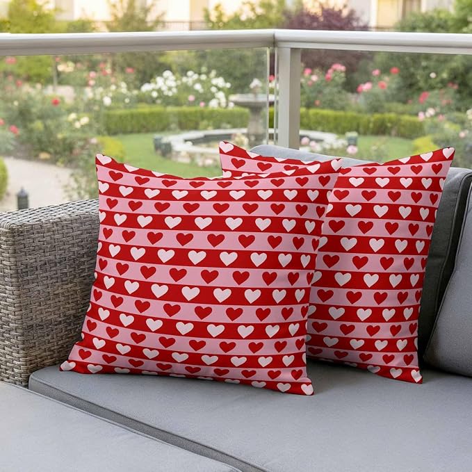 Outdoor Waterproof Throw Pillow Covers, Valentine's Day Decorative Pillow Cases, Romantic Pink Red Love Heart Stripes Couch Pillow Protector Patio Sofa Cushion Covers Replacement 24"x24" 2 Pack