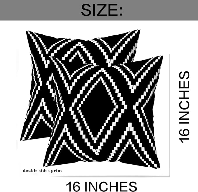 Outdoor Pillows Cover Waterproof Set of 2, Geometric Black and White Throw Pillows Cover for Patio Furniture, Outdoor Pillow Covers for Couch, Black (Black&White-01, 16x16 Inch)