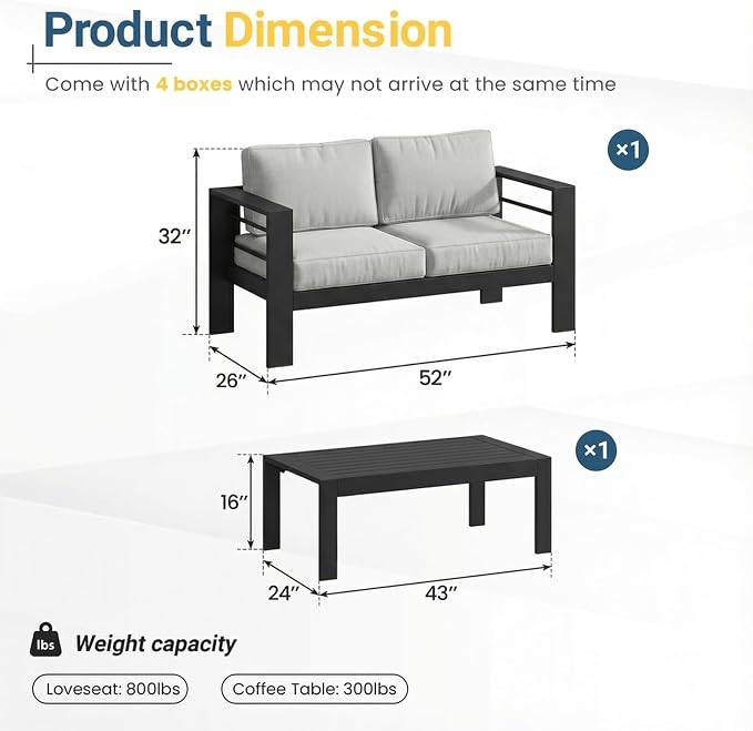 Solaste Aluminum Patio Furniture Set for All Weather, Oversized Metal Outdoor Furniture Set with 27.5" Deep Seating and Wide Armrest, Outdoor Loveseat Sofa with 10" Back Suport Cushion，Black and Gray