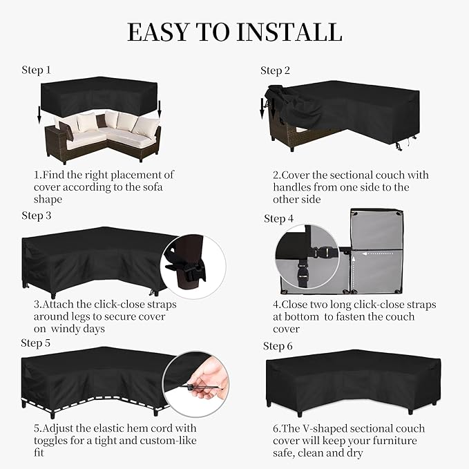 Easy-Going 600D Patio V-Shaped Sectional Sofa Cover, Waterproof Outdoor Sectional Cover,Heavy Duty Garden Furniture Cover with Air Vent 100" L (on Each Side) x 33.5" D x 31" H, Black