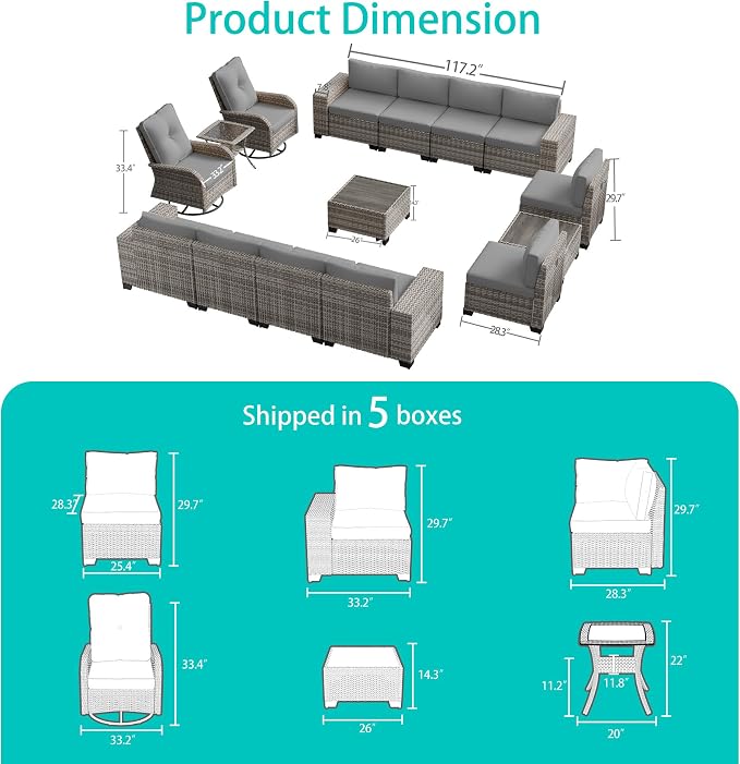15-Piece Outdoor Patio Furniture Set with Rocking Swivel Chair Wicker Sectional Sofa Set, Patio Conversation Set with Thickened Cushions & Coffee Table for Garden, Backyard, Poolside, Grey