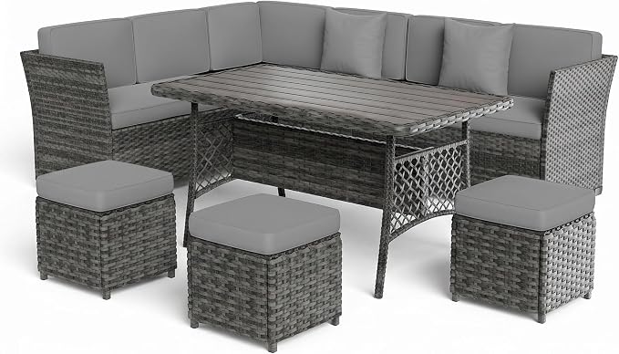 Patio Furniture Set, 7 Pieces Outdoor Dining Sets, All Weather Rattan Conversation Set, Outdoor Dining Sectional Sofa with Large Dining Table, Ottoman (Grey-Light Grey, A-7 Pieces)