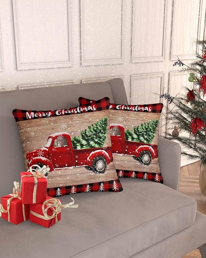 YOKOU Outdoor Throw Pillow Covers, Merry Christmas Truck Tree Vintage Board Wood Grain Buffalo Check Waterproof Pillowcases Cushion Covers Cases for Patio Couch Bench, Pack of 2 Square, 18"X18"